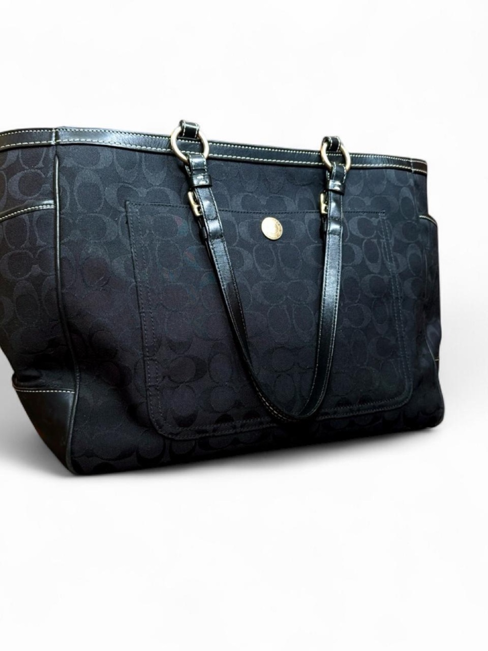 Coach Black Signature Canvas Tote with Leather Trim